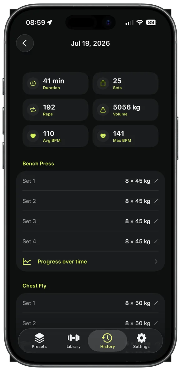 A logged session on iPhone showing every set of Bench Press and Chest Fly with weights, and a progress over time link.