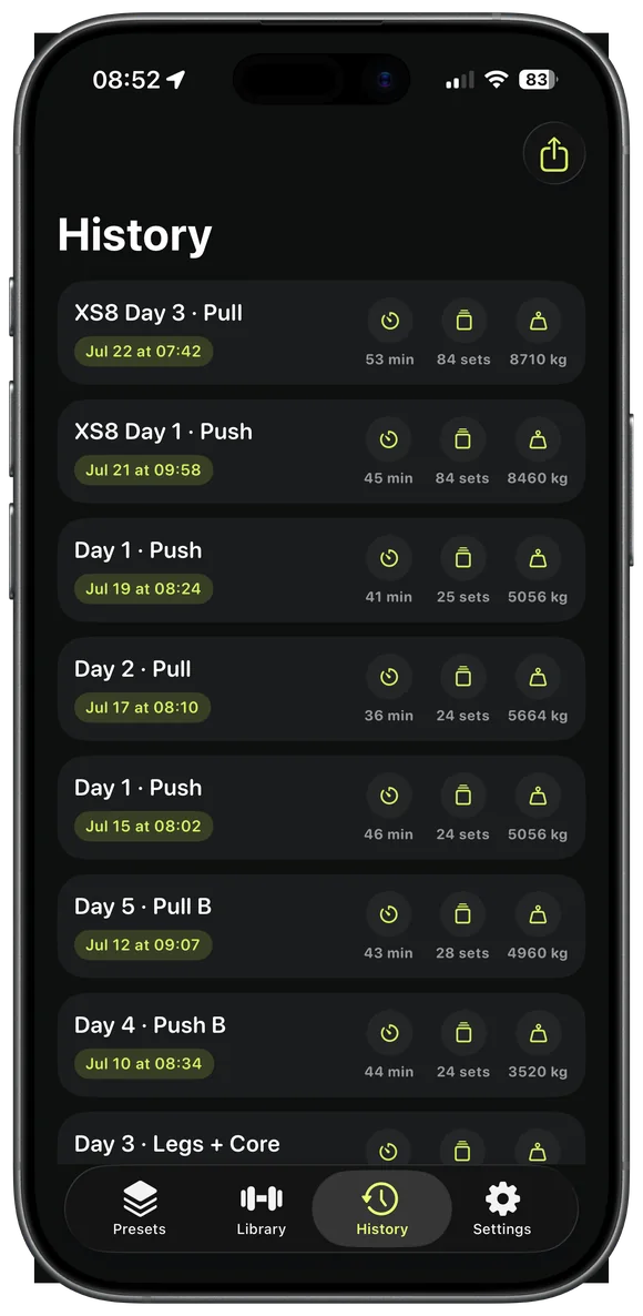 The history list on iPhone showing past sessions with date, duration, set count and volume.