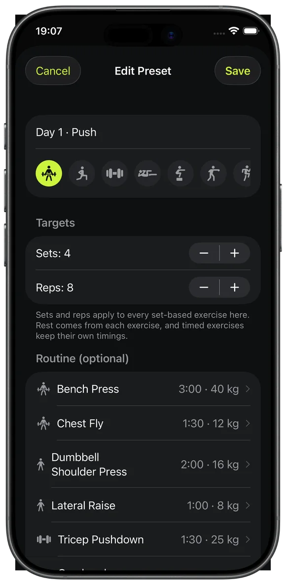 Editing a routine on iPhone: each exercise carries its own rest and working weight, from 3:00 at 40 kg for Bench Press down to 1:30 at 12 kg for Chest Fly.