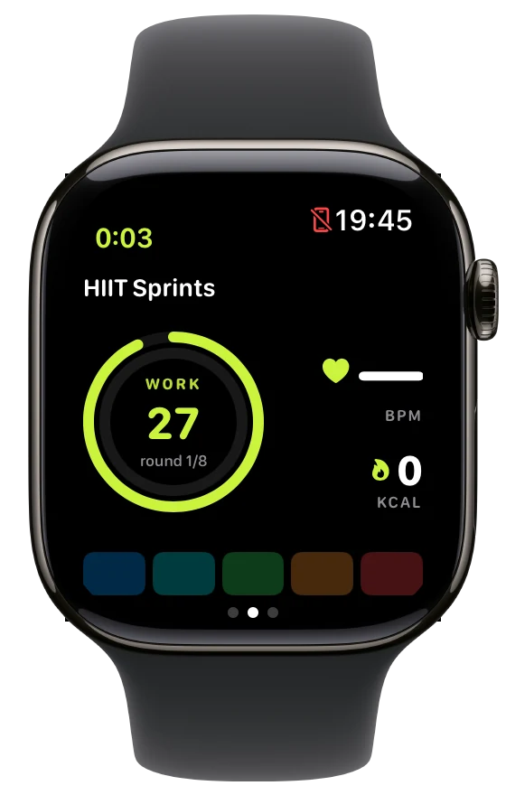 HIIT intervals on the watch: 27 seconds of work left, round 1 of 8.