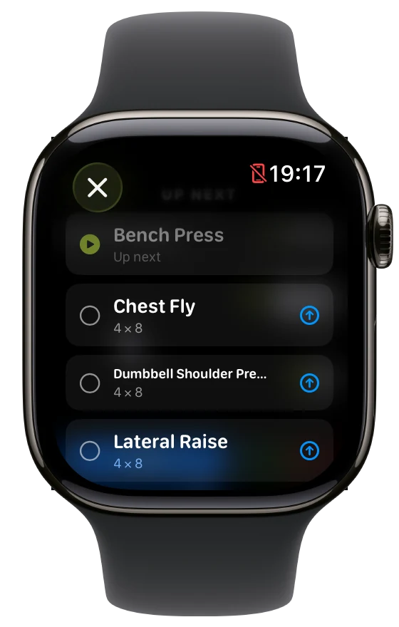 The exercise list on the watch, showing the rest of the routine so you can switch exercise mid-workout.