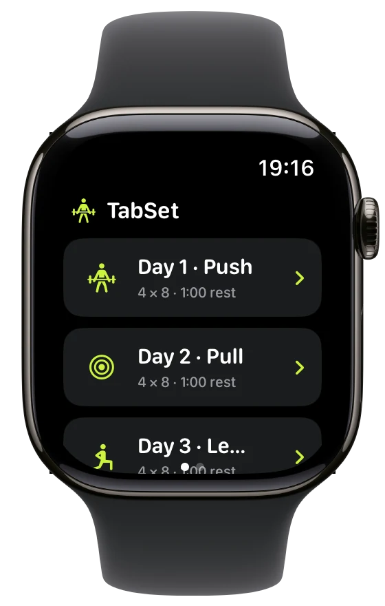 The preset list on the watch, showing Day 1 Push, Day 2 Pull and Day 3 Legs with their sets and rest.