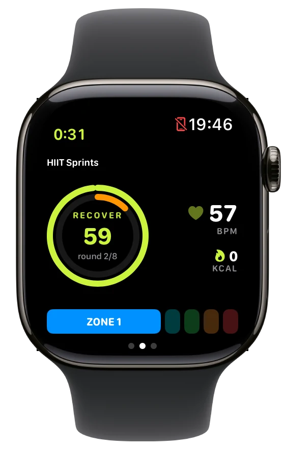 HIIT recovery leg on the watch: 59 seconds left, round 2 of 8.