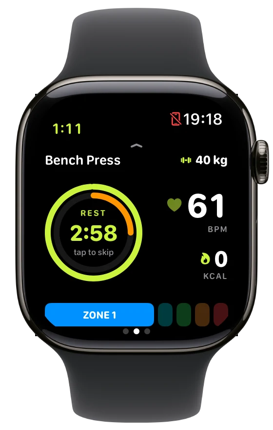 Rest timer running on the watch: 2 minutes 58 seconds left, with tap to skip.